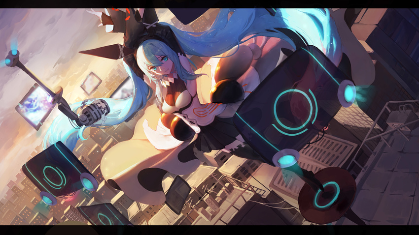 absurdres armpits arms_up black_footwear black_hairband black_skirt blue_eyes blue_hair boots breasts building city cloud cloudy_sky detached_sleeves dutch_angle floating floating_hair floating_object forever_7th_capital full_body gods_(1073337800) hairband hatsune_miku highres letterboxed light_particles long_hair long_sleeves looking_at_viewer medium_breasts microphone outdoors parted_lips pleated_skirt rooftop screen shirt sidelocks skirt sky smile solo sunlight thigh_boots thighhighs transparent twilight twintails very_long_hair vocaloid white_shirt wind zettai_ryouiki