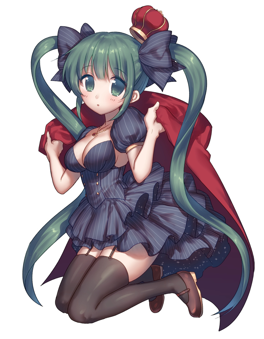 black_legwear blue_dress breasts brown_footwear cape cleavage commentary_request crown dress from_side full_body garter_straps green_eyes green_hair hatsune_miku highres jewelry kirisaki_(miku-azu-2525) kneeling long_hair looking_at_viewer mary_janes medium_breasts mini_crown necklace red_cape shoes solo thighhighs transparent_background twintails very_long_hair vocaloid
