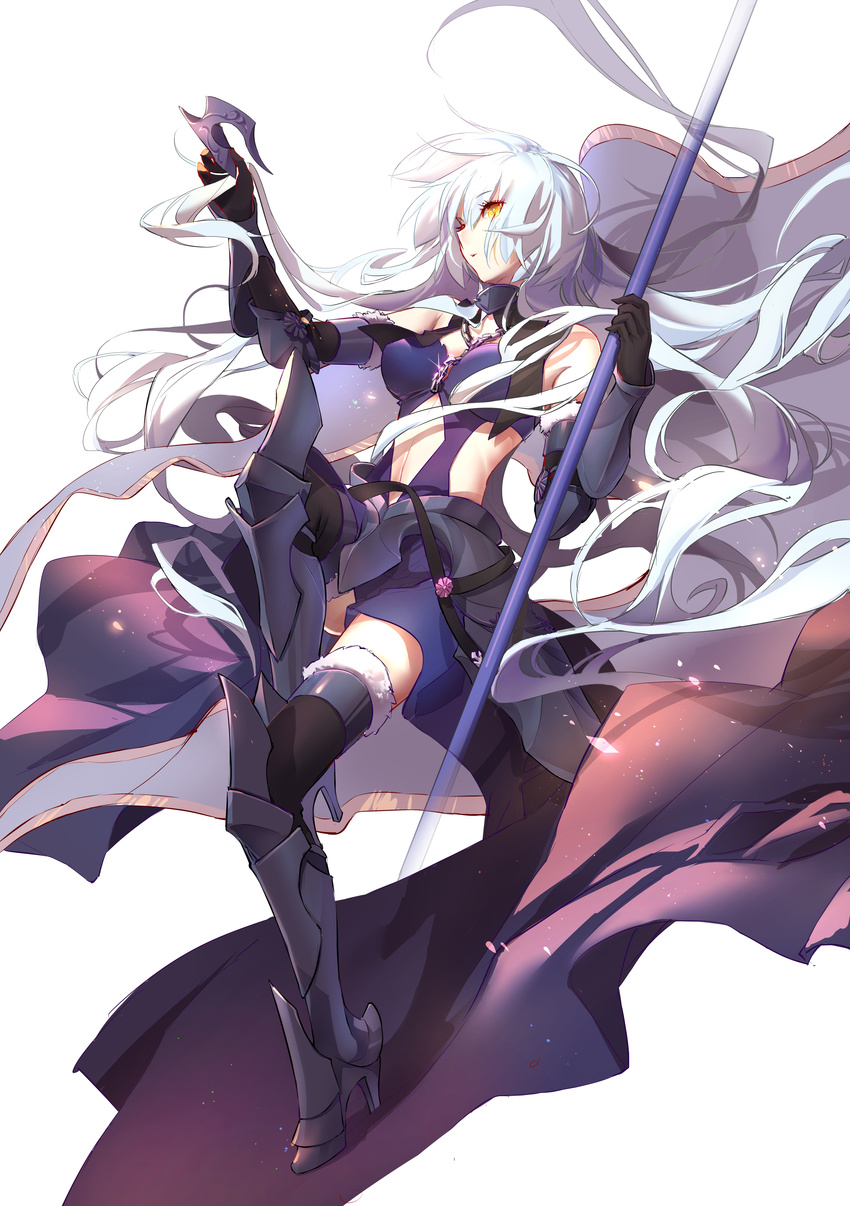 absurdres armor armored_boots armored_dress bangs bare_shoulders black_legwear boots breasts chain commentary elbow_gloves fate/grand_order fate_(series) flag from_side full_body fur_trim gauntlets gloves greaves headpiece_removed high_heel_boots high_heels highres holding_headpiece jeanne_d'arc_(alter)_(fate) jeanne_d'arc_(fate)_(all) long_hair luciana1 medium_breasts midriff navel parted_lips solo stomach thighhighs very_long_hair white_hair yellow_eyes