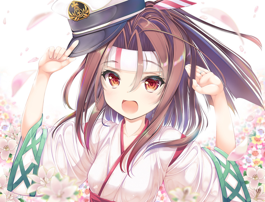 :d brown_eyes collarbone commentary_request flower hachimaki hat headband high_ponytail japanese_clothes jewelry kantai_collection kimono light_brown_hair long_hair open_mouth peaked_cap petals pink_flower ring smile solo tenmu_shinryuusai wedding_band white_flower white_kimono wide_sleeves yellow_flower zuihou_(kantai_collection)