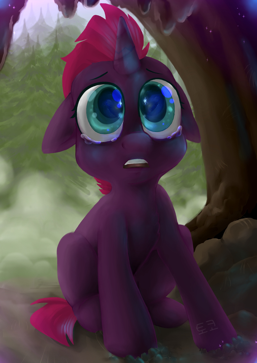 2017 cave crying cub equine eyebrows eyelashes female fizzlepop_berrytwist_(mlp) forest hair horn inside mammal my_little_pony my_little_pony_the_movie open_mouth pink_hair sitting solo sparkles teal_eyes tears teeth tempest_shadow_(mlp) tokokami tree unicorn young