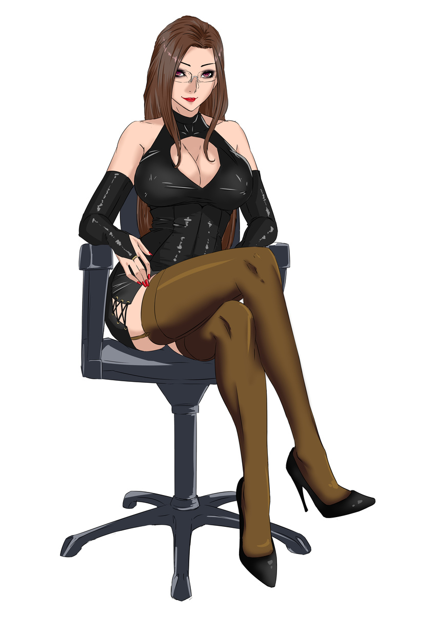 1girl breasts brown_hair brown_legwear chair cleavage erect_nipples garter_straps glasses highres large_breasts legs_crossed lipstick long_hair looking_at_viewer mini_skirt purple_eyes sitting