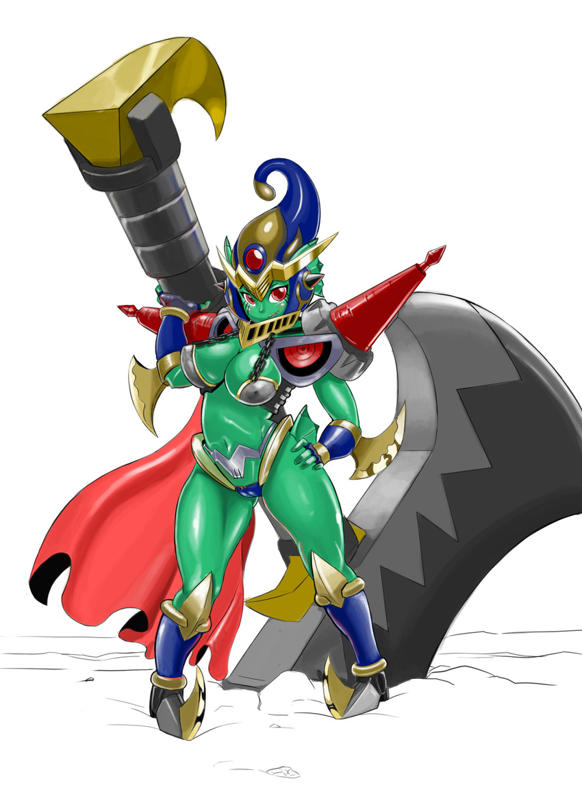 1girl anythinggoes armor axe bandai bare_legs battle_axe bikini_armor boots breasts cape cleavage cosplay curvy darkknightmon digimon facial_mark fang female fish_girl fusion gauntlets green_skin helmet holding large_breasts monster_girl nipples ranamon red_eyes shiny shiny_skin solo thighs thong weapon