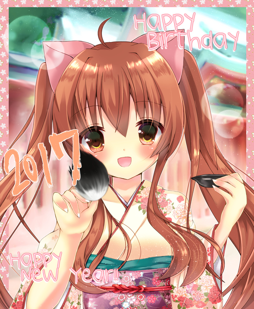 2017 :d absurdres ahoge aloe_(quiz_magic_academy) animal_ears bangs blush breasts brown_eyes brown_hair calligraphy_brush cat_ears commentary_request eyebrows_visible_through_hair fingernails floral_print funakoshi hair_between_eyes happy_birthday happy_new_year head_tilt highres holding_brush ink japanese_clothes kimono long_hair long_sleeves looking_at_viewer medium_breasts new_year obi open_mouth paintbrush print_kimono quiz_magic_academy sash sidelocks smile solo wide_sleeves yellow_kimono