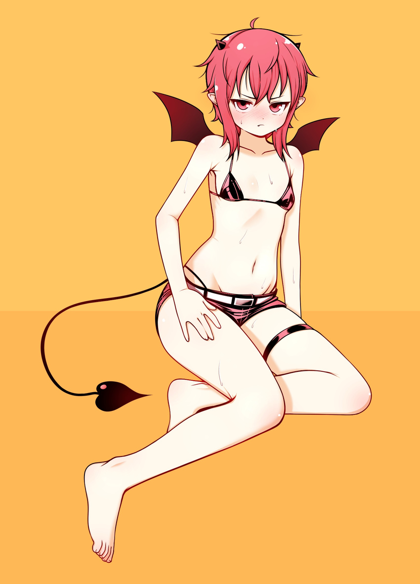 :/ ahoge bare_shoulders barefoot blush breasts closed_mouth collarbone demon_girl demon_horns demon_tail demon_wings eron fang_out frown full_body groin hair_between_eyes hand_on_own_thigh highres horns looking_at_viewer messy_hair navel nose_blush orange_background original pink_bikini_top pink_shorts pointy_ears red_eyes red_hair red_wings short_hair_with_long_locks short_shorts shorts sitting small_breasts solo sweat tail thigh_strap wings