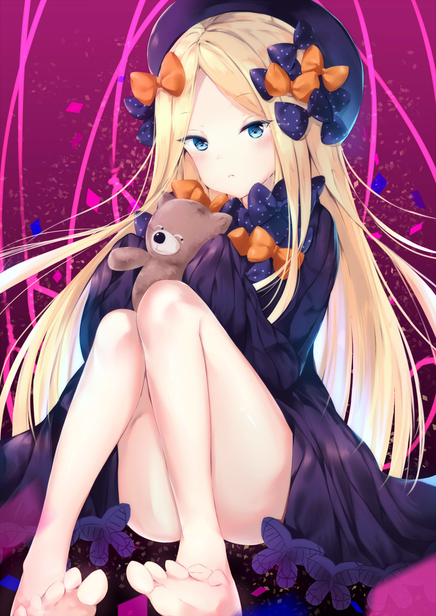 abigail_williams_(fate/grand_order) bangs bare_legs barefoot black_bow black_dress black_hat blonde_hair blue_eyes blush bow bug butterfly closed_mouth dress eyebrows_visible_through_hair fate/grand_order fate_(series) forehead hair_bow hat highres holding holding_stuffed_animal insect long_hair long_sleeves looking_at_viewer orange_bow parted_bangs polka_dot polka_dot_bow sleeves_past_wrists solo stuffed_animal stuffed_toy tamakinoki teddy_bear very_long_hair
