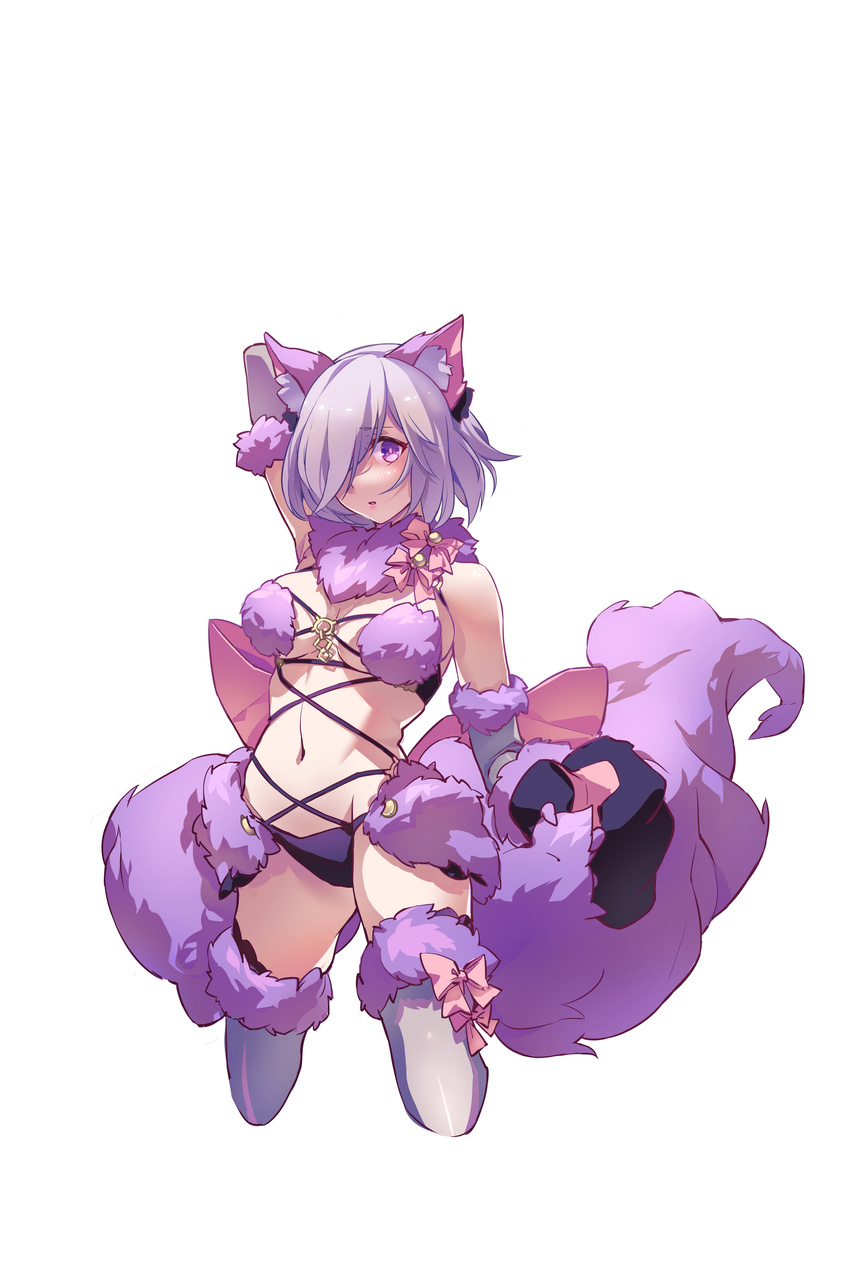 absurdres animal_ears arm_up armpits bare_shoulders blue_legwear blush breasts commentary dangerous_beast elbow_gloves fate/grand_order fate_(series) fur-trimmed_gloves fur-trimmed_legwear fur_collar fur_trim gloves hair_over_one_eye halloween_costume highres kneeling looking_at_viewer luciana1 mash_kyrielight medium_breasts navel o-ring o-ring_top parted_lips paw_gloves paws purple_eyes purple_gloves purple_hair purple_legwear revealing_clothes short_hair solo stomach tail wolf_ears wolf_tail