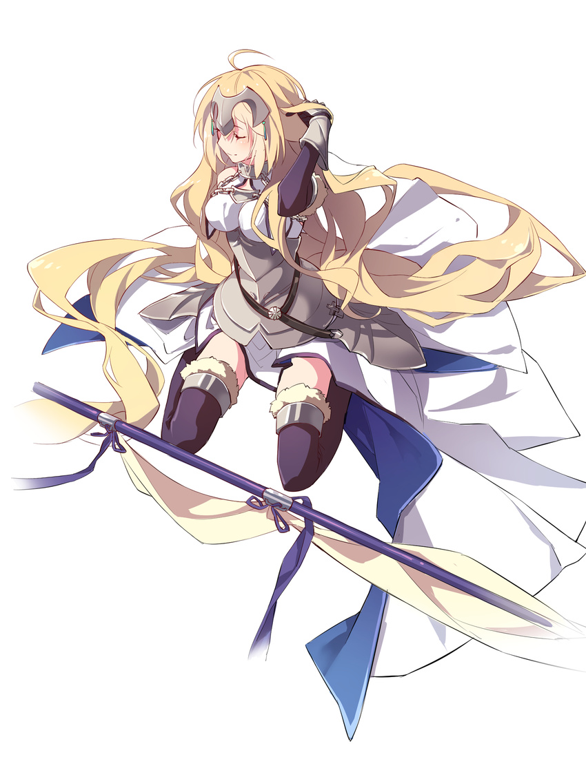 absurdly_long_hair ahoge bangs bare_shoulders black_gloves black_legwear blonde_hair breasts chain closed_eyes closed_mouth commentary elbow_gloves fate/apocrypha fate_(series) faulds flag full_body fur_trim gloves hair_flip headpiece highres jeanne_d'arc_(fate) jeanne_d'arc_(fate)_(all) kneeling long_hair luciana1 medium_breasts smile solo thighhighs very_long_hair