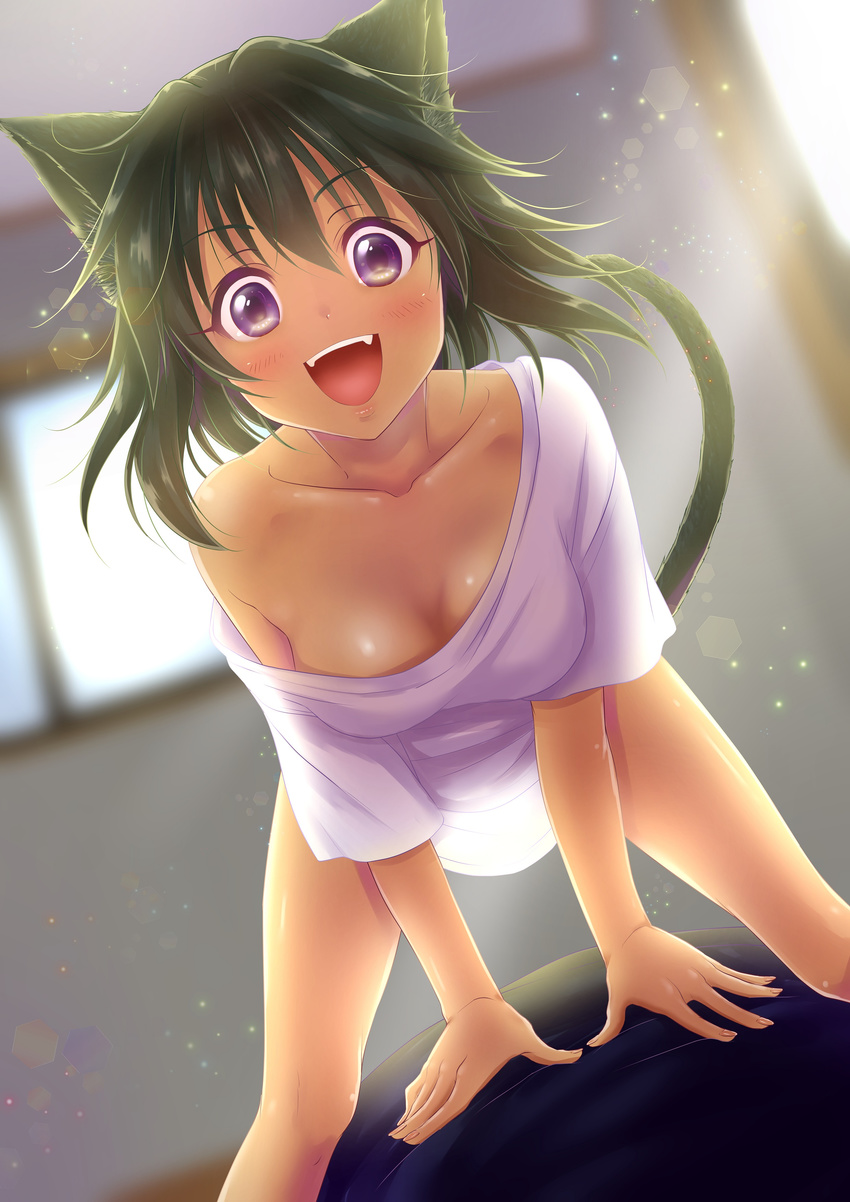 :d absurdres animal_ears bare_legs bedroom black_hair blue_eyes blurry blush bottomless breasts cat_ears cat_tail cleavage collarbone dark_skin depth_of_field dutch_angle eyebrows_visible_through_hair eyelashes fangs fingernails hair_intakes highres idolmaster idolmaster_cinderella_girls indoors kemonomimi_mode large_breasts leaning_forward light_particles lips looking_at_viewer messy_hair morning natalia_(idolmaster) open_mouth oversized_clothes pov shiny shiny_skin shirt short_hair smile solo_focus straddling tail teeth v-shaped_eyebrows waking_up white_shirt window yuki_sizuku