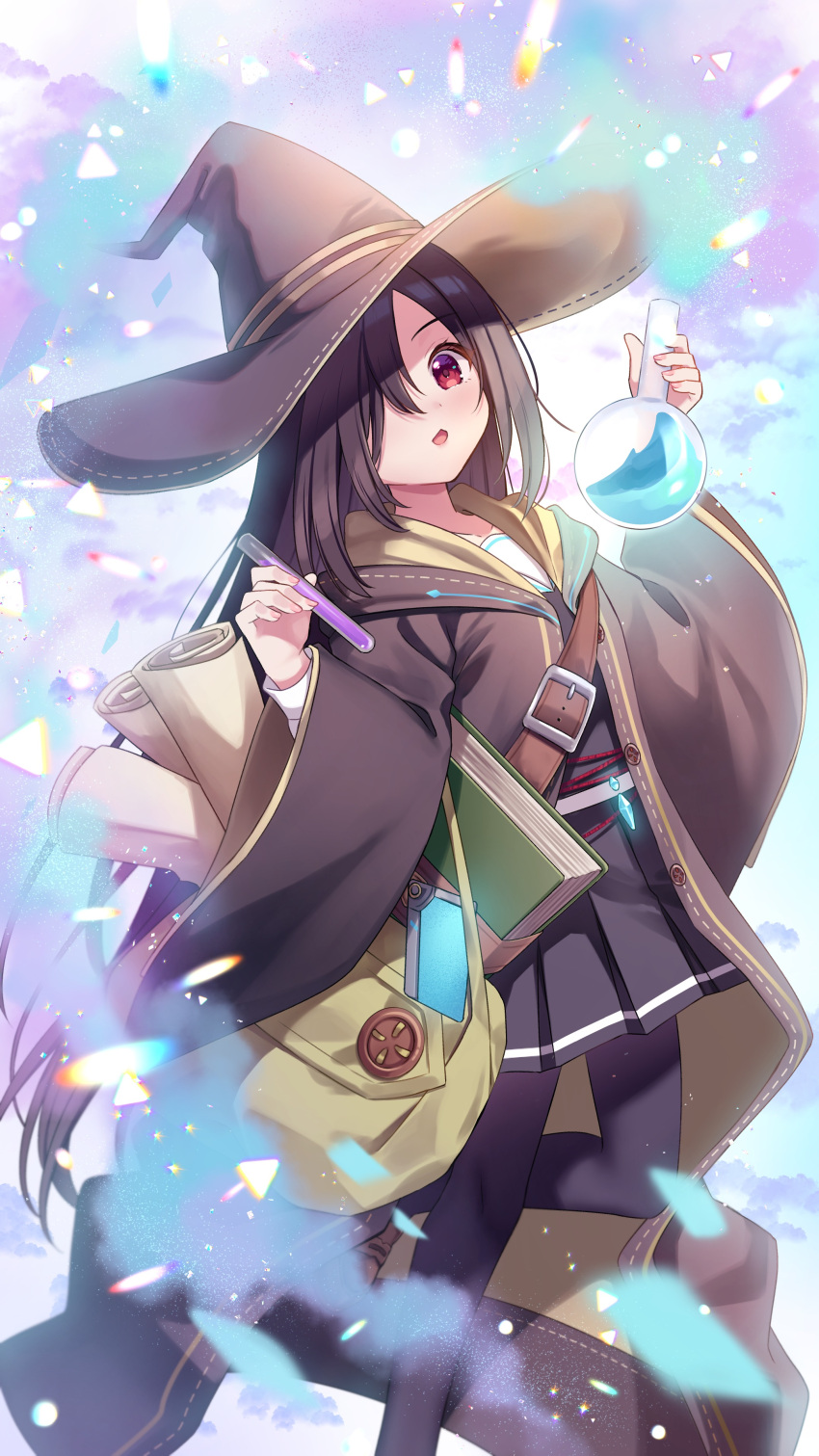 1girl absurdres black_hair hat heaven_burns_red highres hood long_hair long_sleeves one_eye_covered open_mouth pleated_skirt red_eyes skirt solo sumisaki_yuzuna tenne_miko wide_sleeves witch_hat