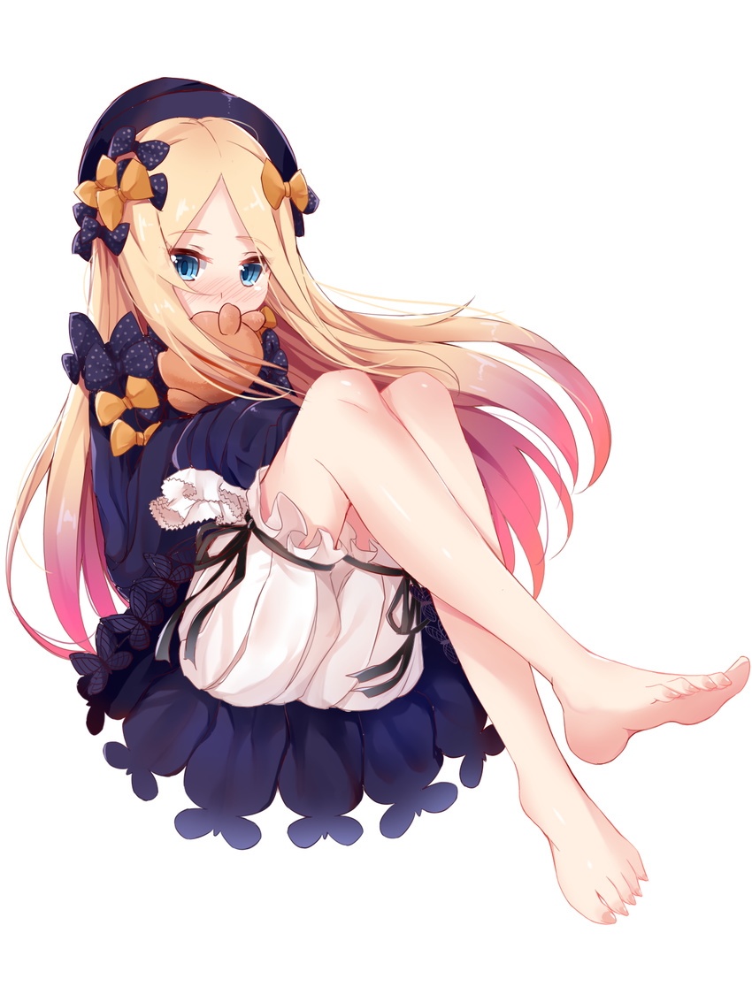 abigail_williams_(fate/grand_order) bangs barefoot black_bow black_dress black_hat blonde_hair bloomers blue_eyes blush bow bug butterfly covered_mouth dress eyebrows_visible_through_hair fate/grand_order fate_(series) feet full_body hair_bow hat highres insect long_hair long_sleeves looking_at_viewer nahaki nose_blush object_hug orange_bow parted_bangs polka_dot polka_dot_bow simple_background sitting sleeves_past_fingers sleeves_past_wrists soles solo stuffed_animal stuffed_toy teddy_bear toenails underwear very_long_hair white_background white_bloomers
