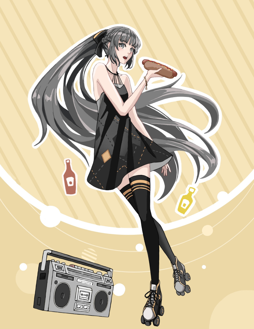 1girl absurdres black_dress black_thighhighs bracelet braid dress food french_braid full_body grey_eyes grey_hair highres holding holding_food hot_dog jewelry long_hair nanami:_pulse_(punishing:_gray_raven) nanami_(punishing:_gray_raven) open_mouth ponytail punishing:_gray_raven roller_skates sidelocks skates sleeveless sleeveless_dress solo stereo teeth thighhighs trashpanda_11b upper_teeth_only very_long_hair