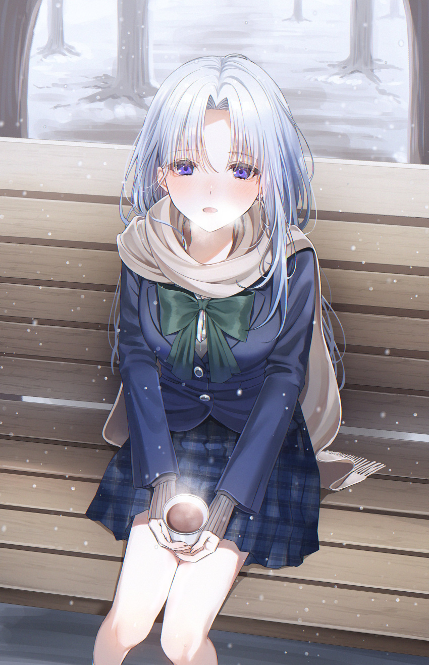 1girl absurdres bench black_bow black_bowtie blazer blue_coat blue_eyes blue_hair blue_skirt blush bow bowtie breasts breath brown_scarf coat coffee commentary cup disposable_cup highres holding holding_cup jacket lapels light_particles long_hair long_sleeves looking_at_viewer medium_breasts nose_blush open_mouth original outdoors park_bench parted_bangs plaid plaid_skirt pleated_skirt scarf sinomi sitting_on_bench skirt sleeves_past_wrists snowing solo steam symbol-only_commentary