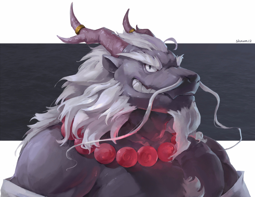 absurd_res anthro beads body_hair chest_hair dragon eastern_dragon grin hair hi_res horn kemono lindong long_hair muscular scalie smile whiskers white_hair