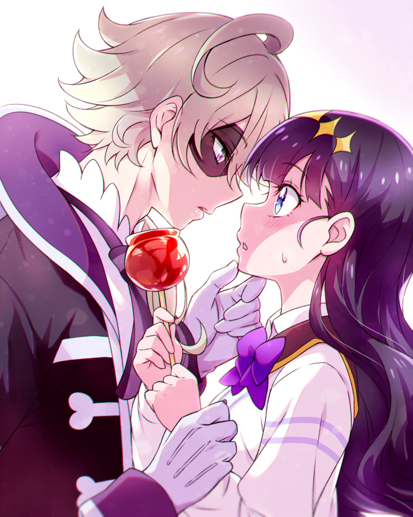 1boy 1girl black_coat black_hair black_sailor_collar blue_eyes bow bowtie candy_apple coat couple delicious_party_precure eye_contact food gloves grey_hair height_difference hetero highres holding_another's_wrist imminent_kiss kasai_amane kyoutsuugengo long_hair long_sleeves looking_at_another narcistoru open_clothes open_coat precure purple_bow purple_bowtie purple_eyes sailor_collar sailor_shirt shirt short_hair white_gloves white_shirt