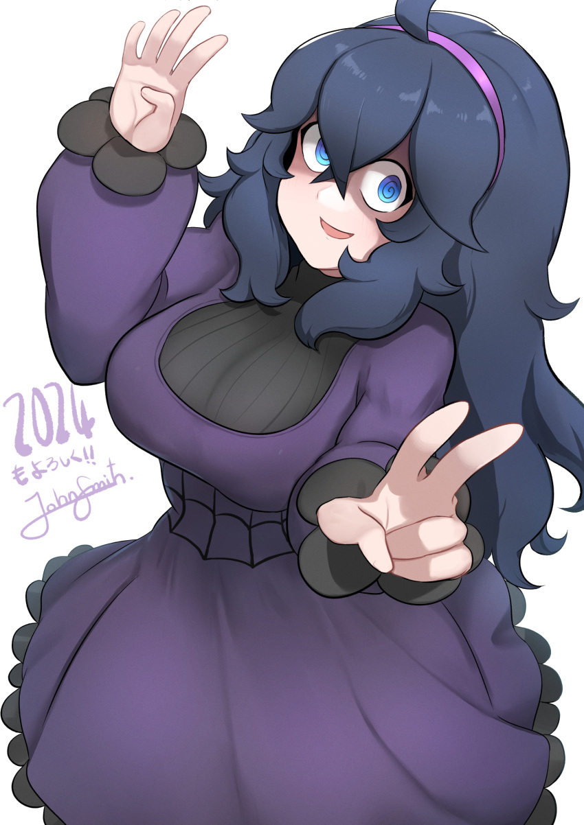 1girl 2024 @_@ ahoge alternate_breast_size black_hair blue_eyes blush breasts dress hair_between_eyes hairband hex_maniac_(pokemon) highres huge_breasts john_(a2556349) long_dress long_hair looking_at_viewer messy_hair open_mouth pokemon pokemon_xy purple_hair purple_hairband smile solo