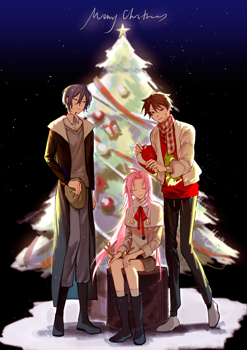 3boys absurdres alternate_costume black_coat black_footwear black_pants blue_hair boots brown_hair brown_shorts capelet chinese_commentary christmas christmas_sweater christmas_tree closed_mouth coat collared_shirt colored_eyelashes commentary_request english_text grey_pants grey_sweater_vest hair_between_eyes harada_minoru hat hatsutori_hajime highres holding holding_clothes holding_hat jacket kyoko_(akakikyoko) long_hair long_sleeves male_focus merry_christmas multiple_boys neck_ribbon open_clothes open_coat open_jacket pants parted_lips pink_hair plaid plaid_scarf red_eyes red_sweater ribbon saibou_shinkyoku santa_hat scarf shirt short_hair shorts smile socks sweat sweater sweater_vest unworn_hat unworn_headwear utsugi_noriyuki white_capelet white_eyes white_footwear white_jacket white_shirt white_socks