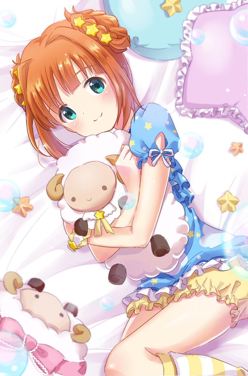 absurdres bloomers blue_eyes blue_pajamas blush braid brown_hair cloud_print hair_ornament highres idolmaster idolmaster_(classic) idolmaster_million_live! idolmaster_million_live!_theater_days kneehighs looking_at_viewer mini39mame object_hug oyasumi_pajama pillow puffy_short_sleeves puffy_sleeves short_hair short_sleeves smile solo star star_hair_ornament striped striped_legwear stuffed_animal stuffed_sheep stuffed_toy takatsuki_yayoi underwear