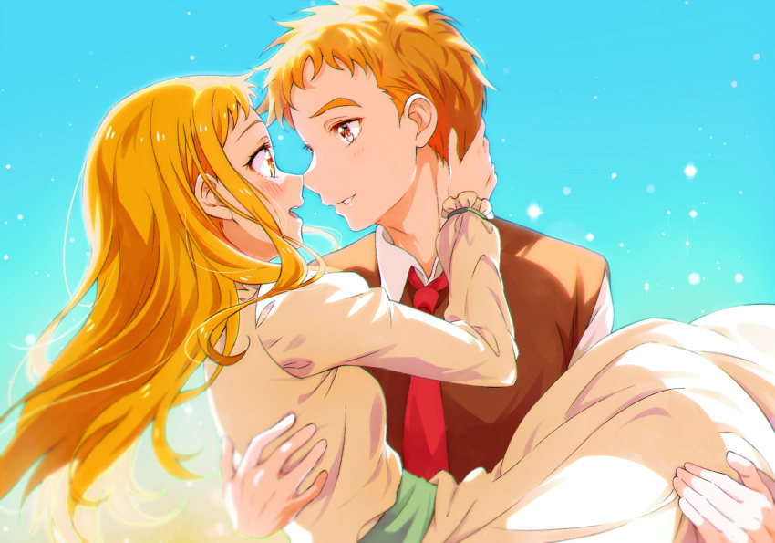 1boy 1girl amai_shirou blonde_hair brown_hair brown_vest carrying couple dress eye_contact floating_hair hetero highres imminent_kiss kasugano_urara_(yes!_precure_5) kibou_no_chikara_~otona_precure_'23~ kyoutsuugengo long_dress long_hair long_sleeves looking_at_another necktie open_mouth parted_lips precure princess_carry red_necktie straight_hair syrup_(yes!_precure_5) vest white_dress wing_collar yellow_eyes yes!_precure_5