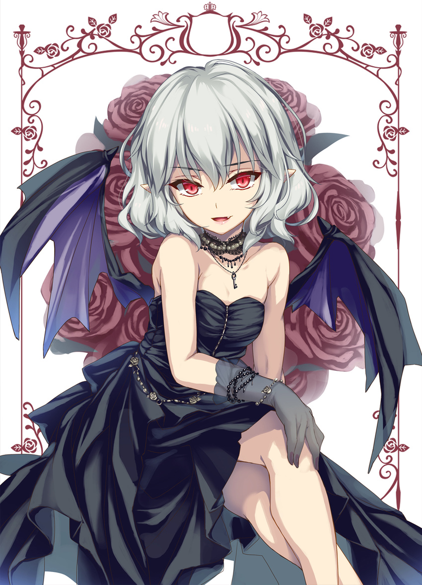alternate_costume bare_shoulders bat_wings black_dress blue_hair collar commentary_request dress gloves highres invisible_chair key looking_at_viewer moneti_(daifuku) no_hat no_headwear open_mouth pointy_ears red_eyes remilia_scarlet short_hair sitting smile solo strapless strapless_dress touhou wings