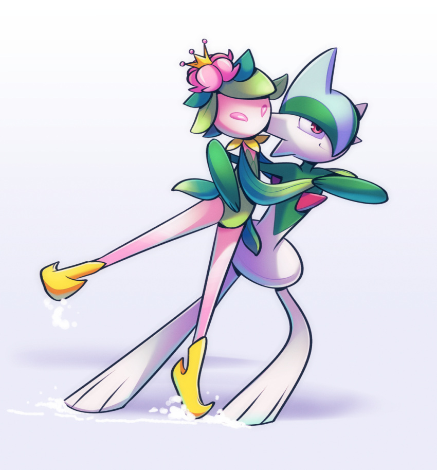 bad_link dancing drawfag gallade highres hisuian_lilligant ice_skating no_humans pink_eyes pokemon pokemon_(creature) red_eyes simple_background skating smile white_background