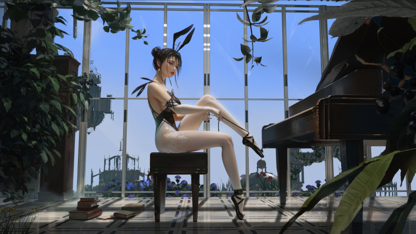 1girl animal_ears black_footwear black_hair black_leotard blue_sky book breasts cloud cloudy_sky earrings fake_animal_ears grand_piano hair_bun highres indoors instrument jewelry large_breasts leotard lips marble_floor original panties parted_lips piano piano_bench plant playboy_bunny pointy_ears rabbit_ears realistic sitting sky solo tying_footwear underwear white_panties wide_shot window ydiya