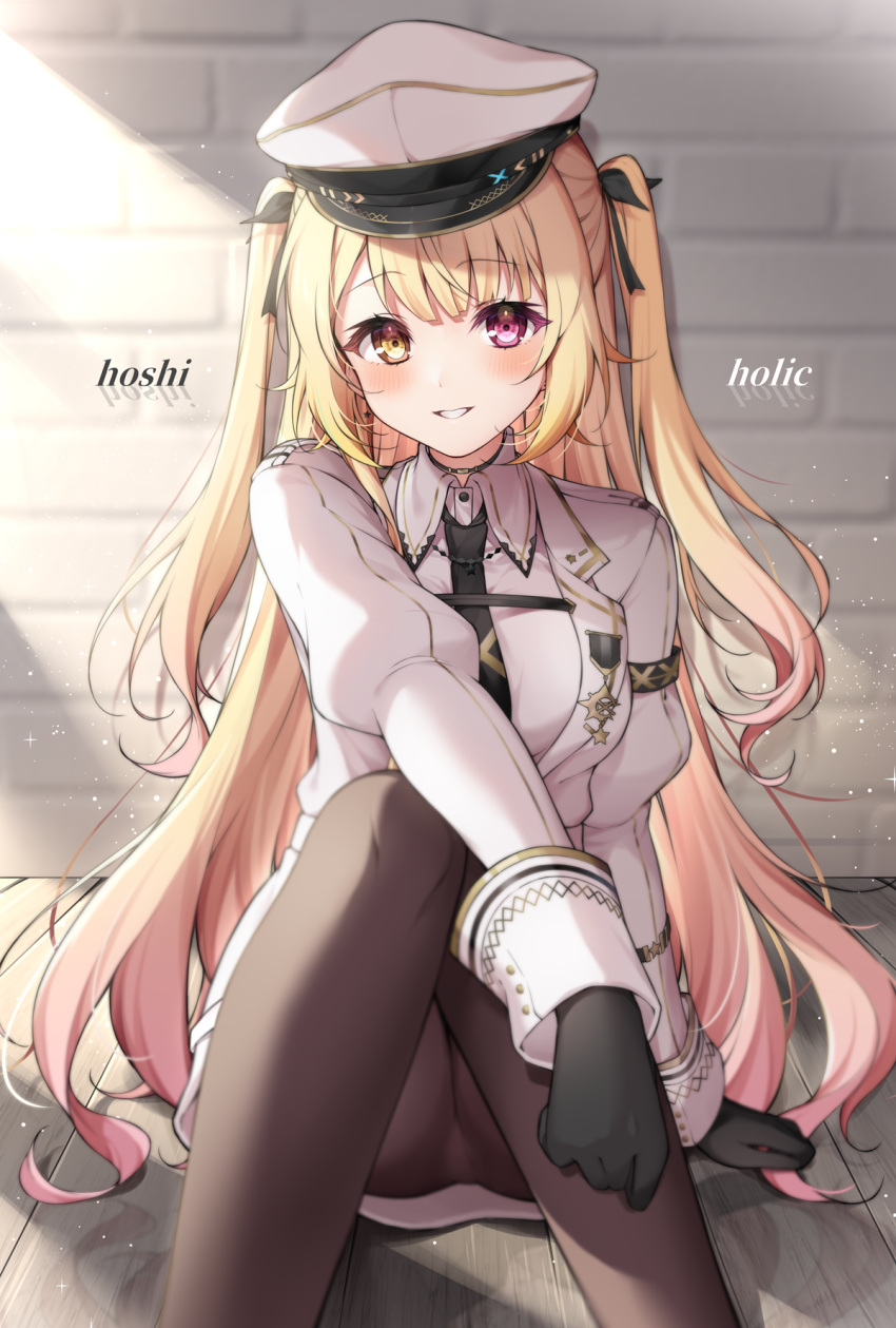 1girl against_wall arm_support black_gloves black_pantyhose blonde_hair blush brick_wall commentary english_commentary feet_out_of_frame gloves gradient_hair heterochromia highres hoshikawa_sara hoshikawa_sara_(6th_costume) long_hair long_sleeves looking_at_viewer military_uniform multicolored_hair nijisanji pantyhose pink_eyes pink_hair sitting smile solo two_side_up uniform very_long_hair virtual_youtuber white_headwear yellow_eyes zky_(oekaky)