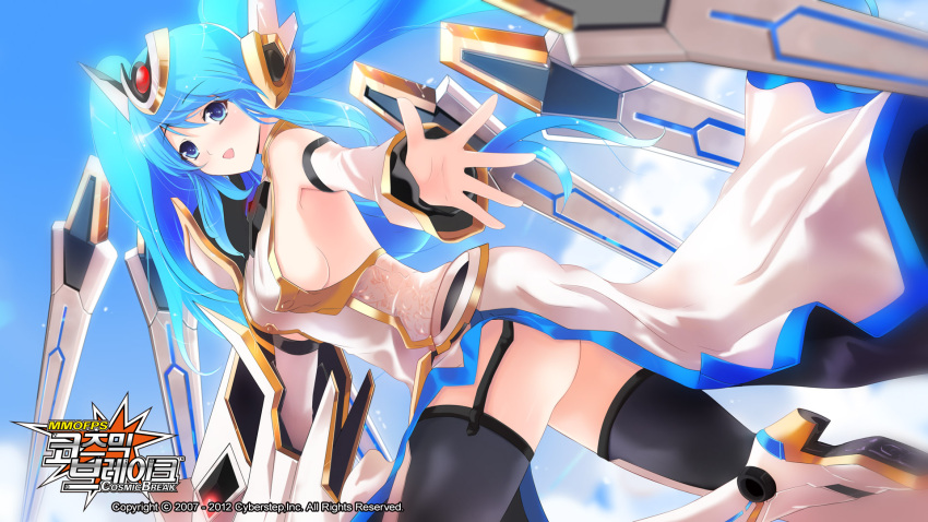 bare_shoulders blue_eyes blue_hair breasts cannon cloud cloudy_sky cosmic_break headgear highres lily_rain lily_rain_eve long_hair mecha_musume medium_breasts mixxnut sideboob sky smile sword_wing thighhighs twintails