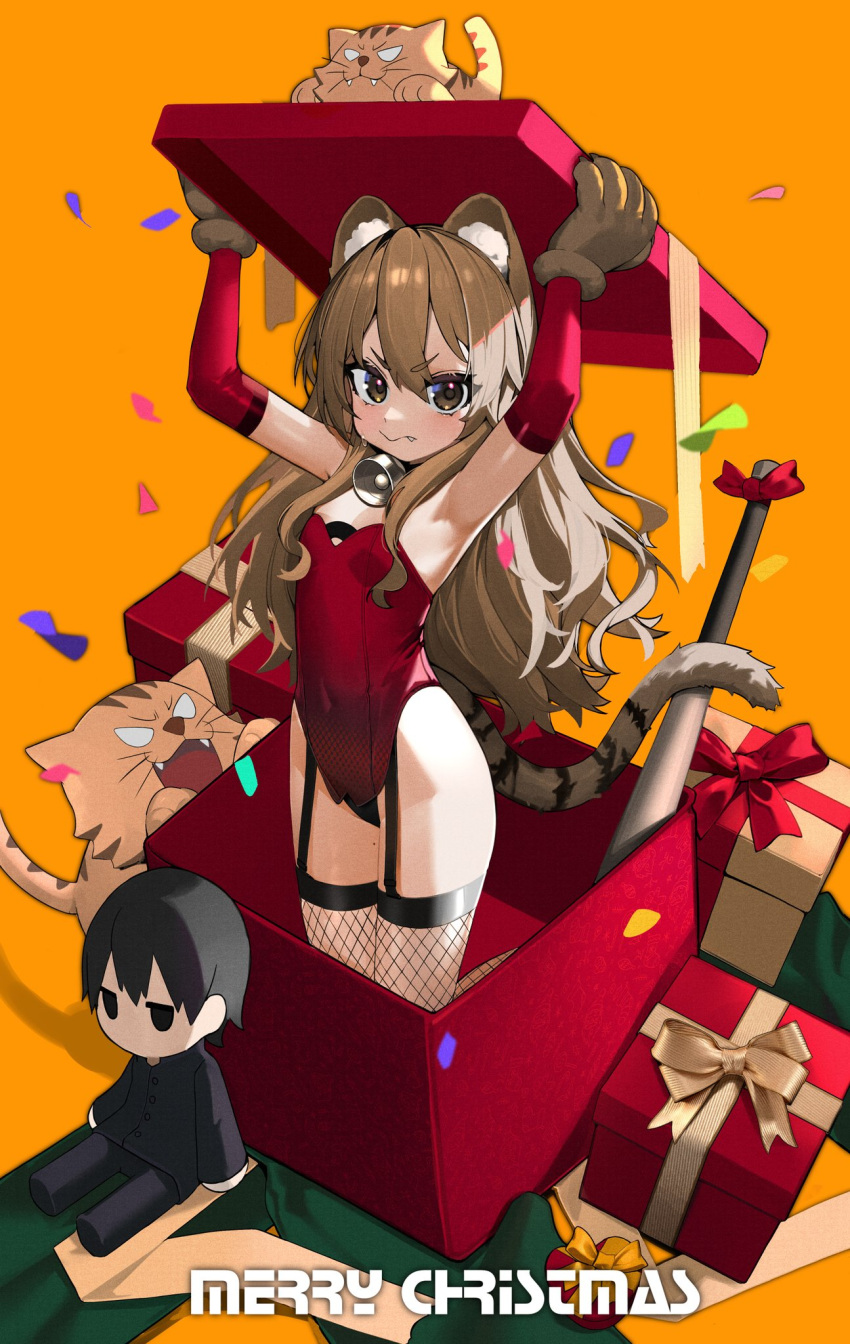 1girl aisaka_taiga amoeba_yuanchong animal_ear_fluff animal_ears animal_hands arms_up baseball_bat bell bow breasts brown_eyes brown_hair christmas_present confetti covered_navel elbow_gloves fang fishnet_thighhighs fishnets garter_straps gift gloves highleg highleg_leotard highres jingle_bell leotard long_hair looking_at_viewer merry_christmas neck_bell orange_background red_bow red_leotard simple_background small_breasts sweat sweatdrop tail thighhighs tiger tiger_ears tiger_paws tiger_tail toradora!