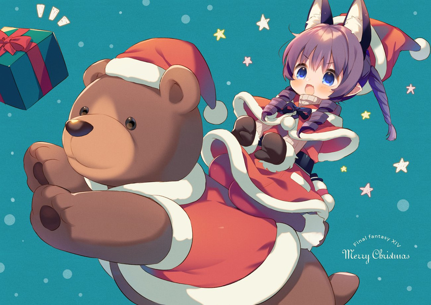 :d animal animal_ears bangs bear belt black_belt blue_background blue_eyes blue_ribbon box brown_footwear brown_mittens capelet cat_ears christmas commentary_request dress eyebrows_visible_through_hair fang final_fantasy final_fantasy_xiv fur-trimmed_boots fur-trimmed_capelet fur-trimmed_dress fur-trimmed_hat fur_trim gift gift_box hair_between_eyes hat kurokuma_(kuro_kumagaya) lalafell long_sleeves merry_christmas mittens open_mouth pom_pom_(clothes) purple_eyes red_capelet red_dress red_hat ribbon riding ringlets santa_costume santa_hat seiza sidelocks sitting smile snowman solo star starry_background sweater turtleneck turtleneck_sweater twintails v-shaped_eyebrows