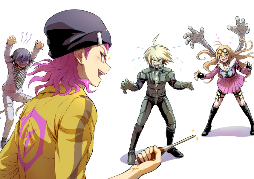 3boys :d ahoge android arms_up barbed_wire beanie black_footwear blonde_hair blue_bow blue_eyes blush boots bow breasts checkered checkered_scarf choker claw_pose cleavage danganronpa drooling evil_smile fingerless_gloves floating_hair flying_sweatdrops garter_straps glint gloves goggles goggles_on_head hat heart holding iruma_miu jumpsuit keebo knee_boots large_breasts legs_apart long_hair long_sleeves mechanical_arms multiple_boys new_danganronpa_v3 open_mouth ouma_kokichi panicking pants pink_eyes pink_hair pink_legwear pink_shirt pink_skirt pleated_skirt purple_eyes purple_hair robot robot_joints scarf school_uniform screwdriver serafuku shaded_face shirt short_hair silver_hair simple_background skirt smile souda_kazuichi sparkle standing straitjacket super_danganronpa_2 surrounded sweat sweating_profusely thighhighs white_pants white_shirt youko-shima zettai_ryouiki