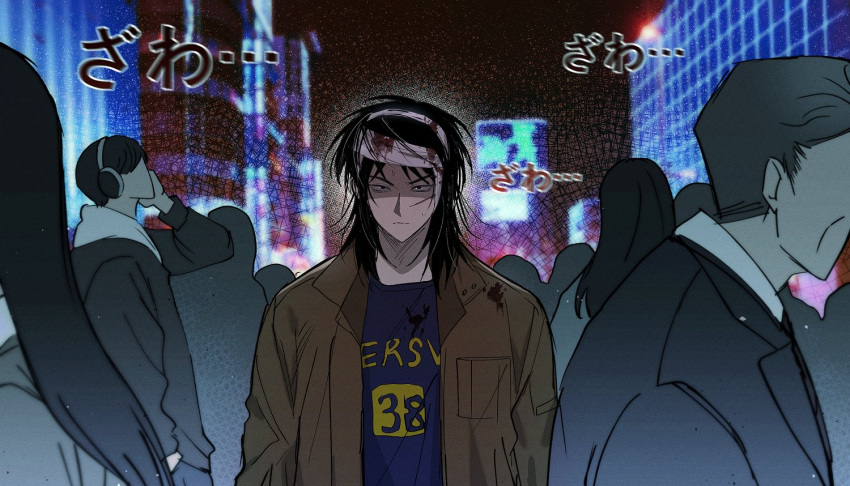 2girls 3boys 6+others bandaged_head bandages black_hair blood blood_on_bandages blood_on_clothes blue_shirt brown_jacket city closed_mouth commentary_request faceless faceless_male frown itou_kaiji jacket kaiji korean_commentary long_hair long_sleeves looking_at_viewer male_focus medium_bangs messy_hair multiple_boys multiple_girls multiple_others people saebyeog sanpaku scar scar_on_cheek scar_on_face shaded_face shirt solo_focus upper_body zawa_(onomatopoeia)