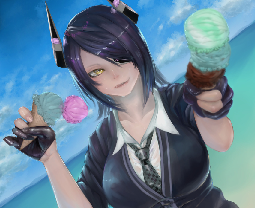 :q blue_sky blurry blurry_foreground breasts checkered checkered_neckwear collarbone collared_shirt commentary day depth_of_field dutch_angle eyepatch food foreshortening gloves hands_up headgear highres holding holding_food ice_cream ice_cream_cone kantai_collection large_breasts licking_lips looking_at_viewer medium_hair necktie ocean outdoors parted_lips partly_fingerless_gloves purple_hair shiny shiny_hair shirt sky sleeves_pushed_up smile smirk solo summer sweat sweater tenryuu_(kantai_collection) tongue tongue_out upper_body water wet wet_clothes wet_shirt white_shirt wing_collar yamashita_tomu yellow_eyes