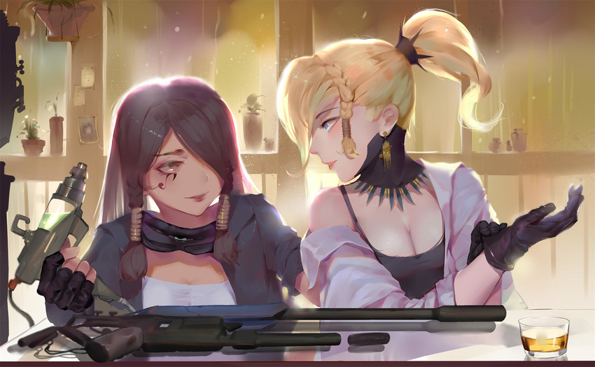 alcohol black_gloves blonde_hair blue_eyes braid breasts brown_hair cleavage cup drinking_glass fingerless_gloves gloves goggles goggles_around_neck gun highres long_hair medium_breasts mercy_(overwatch) multiple_girls overwatch pharah_(overwatch) plant ponytail potted_plant smile t_lege_d tattoo weapon whiskey