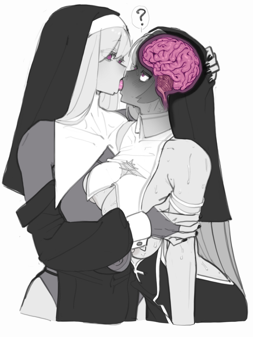 2girls ? absurdres borrowed_character brain breast_press breasts bridal_gauntlets cross-section forced_kiss french_kiss habit hand_on_another's_head highres hitobashira_(1746164306) huge_breasts kiss long_hair multiple_girls nail_polish nun original pink_eyes red_eyes rolling_eyes side_slit sister_virodar spoken_question_mark spot_color standing sweat torogao very_long_hair yuri