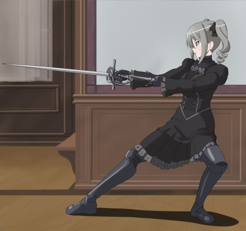 armor bangs black_dress blush boots canadawbd closed_mouth commentary dagger dress dual_wielding fighting_stance from_side gauntlets greaves highres holding holding_dagger holding_sword holding_weapon idolmaster idolmaster_cinderella_girls indoors juliet_sleeves kanzaki_ranko long_sleeves metal_boots profile puffy_sleeves purple_eyes rapier short_hair silver_hair smile solo soulcalibur standing sword twintails weapon