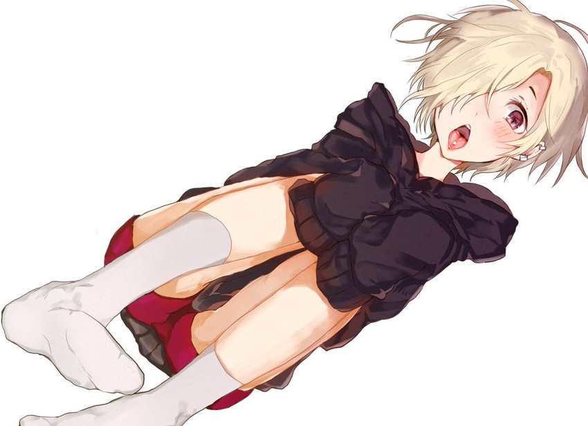 black_hoodie black_skirt blonde_hair blush chestnut_mouth dutch_angle ear_piercing from_above hair_over_one_eye hands_on_own_legs hood hoodie idolmaster idolmaster_cinderella_girls kakao_02 knees_together_feet_apart legs_up looking_at_viewer lying messy_hair multiple_piercings no_shoes on_back open_mouth oversized_clothes piercing pleated_skirt red_eyes red_shorts shirasaka_koume short_eyebrows short_hair shorts shorts_under_skirt simple_background skirt sleeves_past_fingers sleeves_past_wrists socks solo teeth tongue tongue_out tongue_piercing upskirt white_background white_footwear