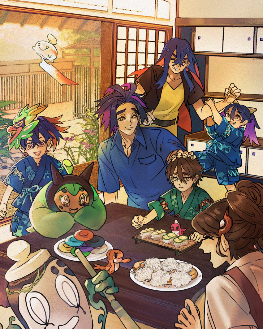 3boys 3girls alternate_universe blue_hair blue_kimono blue_shirt brown_eyes carmine_(pokemon) chimecho clenched_hand closed_eyes collarbone colored_inner_hair commentary_request crossed_bangs cucumber cupboard eyelashes floating florian_(pokemon) frown hand_on_another's_head highres indoors japanese_clothes kieran_(pokemon) kimono long_hair mask multicolored_hair multiple_boys multiple_girls ogerpon open_mouth original plant plate pokemon pokemon_(creature) pokemon_sv purple_hair red_hair rice sad shirt short_hair sinistcha smile star-shaped_pupils star_(symbol) stb81370884 symbol-shaped_pupils table tatsugiri tatsugiri_(curly) tatsugiri_(droopy) teeth two-tone_hair unworn_mask wooden_table yellow_eyes