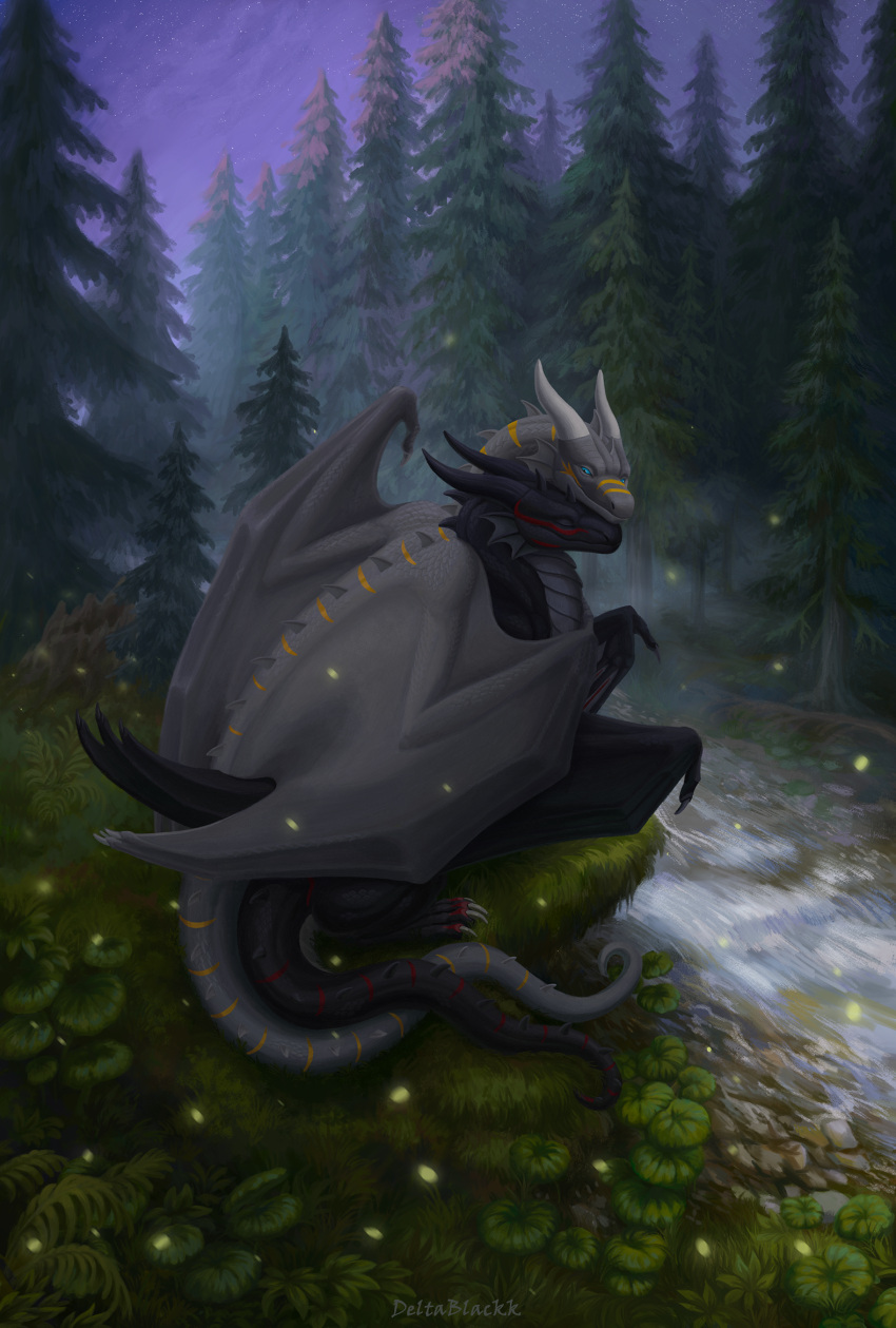 2023 black_body black_scales blue_eyes cuddling deltablackk dragon duo eyes_closed feral grey_body grey_scales hi_res horn looking_at_another looking_at_partner male male/male markings membrane_(anatomy) membranous_wings miriizah red_body red_markings red_scales scale_markings scales scalie schrader western_dragon wings wyvern yellow_markings