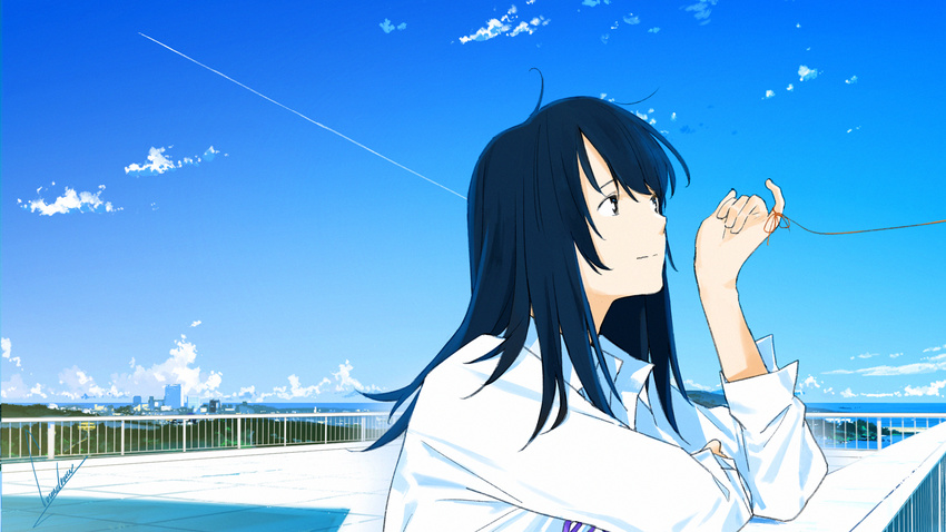 bangs black_eyes black_hair blue_sky city closed_mouth cloud collared_shirt commentary_request day hand_up highres long_hair long_sleeves loundraw original outdoors pinky_out railing red_string rooftop shirt signature sky smile solo string white_shirt wing_collar
