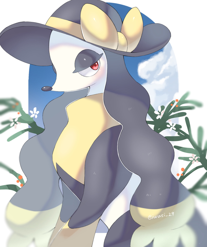 alternate_color animal_focus artist_name black_headwear blue_sky border bow cloud commentary_request dog furfrou furfrou_(debutante) hat highres iwasi_29 long_hair no_humans pokemon pokemon_(creature) red_eyes shiny_pokemon sky snout twitter_username white_border yellow_bow