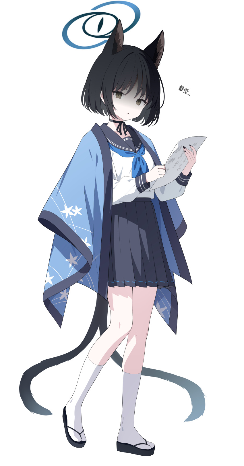 1girl :o absurdres animal_ears black_choker black_footwear black_hair black_nails black_sailor_collar black_skirt blue_archive blue_neckerchief brown_eyes cat_ears cat_girl cat_tail choker forked_tail full_body highres holding jyt kikyou_(blue_archive) long_sleeves looking_at_viewer nail_polish neckerchief parted_bangs parted_lips pleated_skirt puffy_long_sleeves puffy_sleeves sailor_collar school_uniform serafuku shaded_face shirt short_hair simple_background skirt socks solo tail translated walking white_background white_shirt white_socks zouri