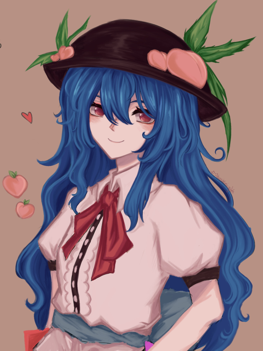 1girl 1hoshimiyabi black_headwear blue_hair brown_background center_frills closed_mouth commentary food frills fruit heart highres hinanawi_tenshi leaf long_hair looking_at_viewer peach peach_hat_ornament red_eyes short_sleeves sidelocks simple_background smile solo symbol-only_commentary touhou upper_body