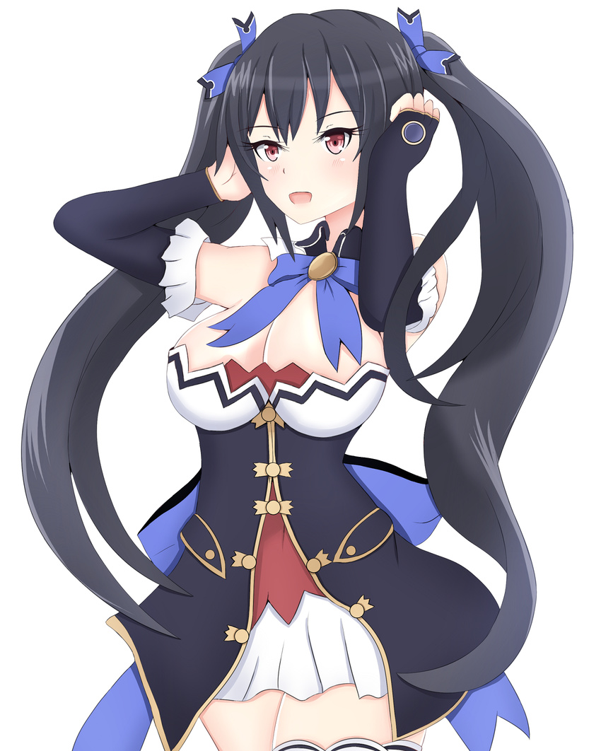 :d alternate_breast_size bare_shoulders black_hair blue_ribbon blush breasts cleavage cowboy_shot detached_collar detached_sleeves hair_ribbon hands_up highres large_breasts long_hair neptune_(series) noire open_mouth red_eyes ribbon shimteen_gunoi simple_background skirt smile solo thighhighs twintails very_long_hair white_background white_skirt