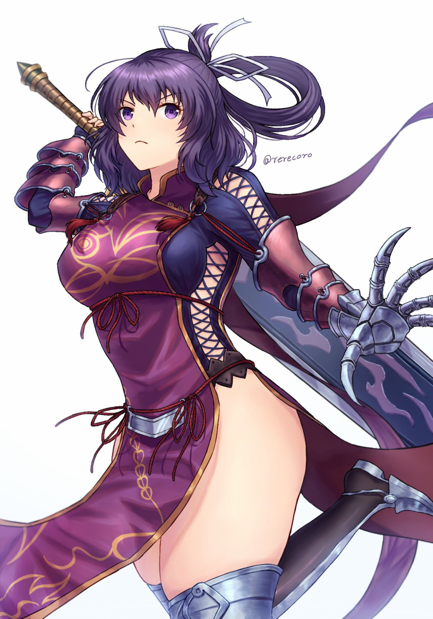 1girl ao_no_kiseki armored_shoes bow-shaped_hair breasts bridal_gauntlets china_dress chinese_clothes double-parted_bangs dress eiyuu_densetsu fingerless_gloves gloves hair_between_eyes hajimari_no_kiseki highres holding holding_sword holding_weapon huge_weapon large_breasts purple_eyes purple_hair rerecoro rixia_mao simple_background solo sword thick_thighs thighs twitter_username weapon white_background zero_no_kiseki