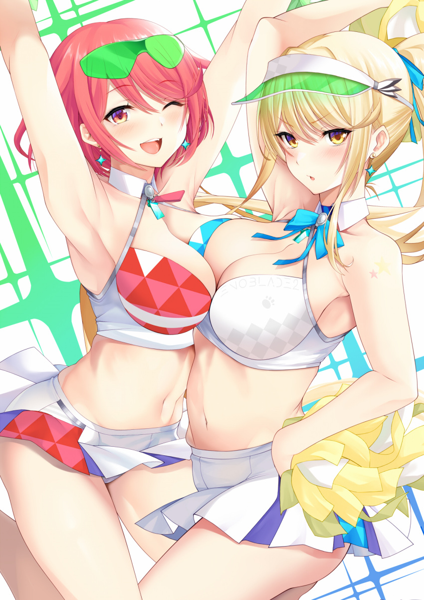 2girls ;d alternate_costume alternate_hairstyle armpits arms_up ass asymmetrical_docking bare_shoulders blonde_hair blue_archive blush breast_press breasts cheering cheerleader chest_jewel cleavage core_crystal_(xenoblade) crop_top daive earrings gem hand_on_own_hip highres holding holding_pom_poms jewelry large_breasts long_hair looking_at_viewer midriff millennium_cheerleader_outfit_(blue_archive) miniskirt multiple_girls mythra_(xenoblade) navel one_eye_closed open_mouth pleated_skirt pom_pom_(cheerleading) ponytail pyra_(xenoblade) red_eyes red_hair short_hair simple_background skirt sleeveless smile sunglasses swept_bangs underwear visor_cap white_skirt xenoblade_chronicles_(series) xenoblade_chronicles_2 yellow_eyes