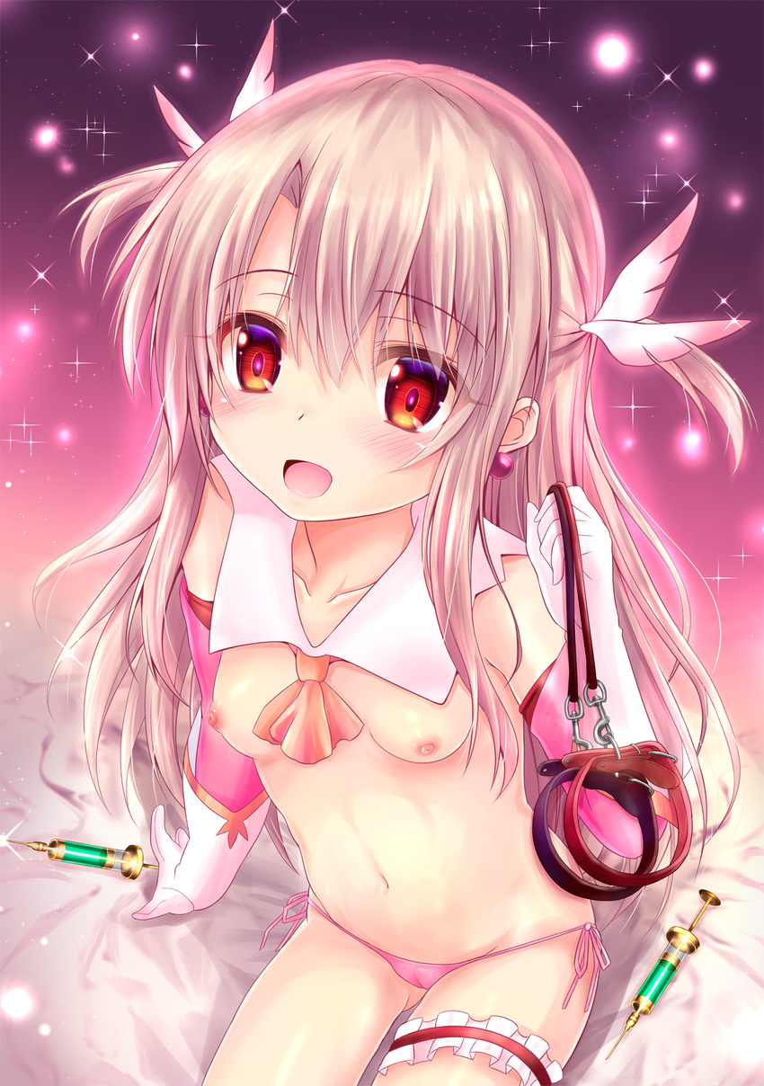 1girl :d blush breasts cameltoe collarbone detached_collar detached_sleeves earrings eyebrows_visible_through_hair fate/kaleid_liner_prisma_illya fate_(series) female gloves hair_between_eyes hair_feathers hair_ornament holding illyasviel_von_einzbern light_brown_hair looking_at_viewer looking_up multicolored_eyes navel open_mouth panties pink_panties prisma_illya shaian side-tie_panties sidelocks sitting small_breasts solo syringe thigh_strap underwear white_collar white_gloves