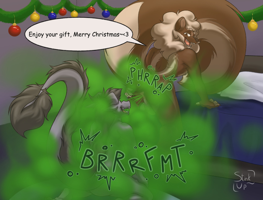 anthro anus balls bed butt christmas coffee_(stinkup) dialogue dragon duo english_text fart fart_cloud fart_fetish farting_on_another farting_on_face fluffy fluffy_tail fur furniture furred_dragon genitals hi_res holidays horn joe_(keithzack) kneeling male male/male mammal mane mephitid open_mouth presenting presenting_anus presenting_hindquarters raised_tail skunk skunk_tail smelly speech_bubble spread_butt spreading stinkup tail text