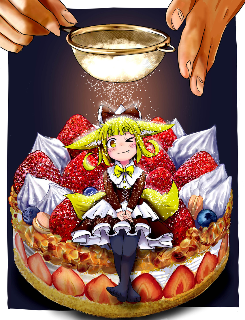 &gt;_o absurdres bangs blonde_hair blue_legwear blueberry blunt_bangs blush bow bowtie brown_dress cake commentary_request crossed_legs doitsuken dress ears_down fang fang_out fingernails food fox_child_(doitsuken) fox_tail fruit hair_bow hands_together highres icing in_food legs_together looking_at_viewer macaron minigirl multiple_tails one_eye_closed original pantyhose powdered_sugar sifter sitting smile solo_focus strawberry strawberry_shortcake tail two_tails yellow_eyes yellow_neckwear