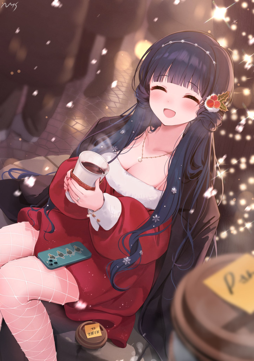1girl :d ^_^ arched_bangs artist_name blue_hair blush breasts cellphone cleavage closed_eyes clothes_on_shoulders dress drink facing_viewer fishnet_pantyhose fishnets hair_ornament highres holding holding_drink idolmaster idolmaster_million_live! idolmaster_million_live!_theater_days jewelry kitakami_reika long_hair nail_polish necklace nys open_mouth pantyhose phone red_dress red_nails ring sitting smile solo_focus white_pantyhose white_trim